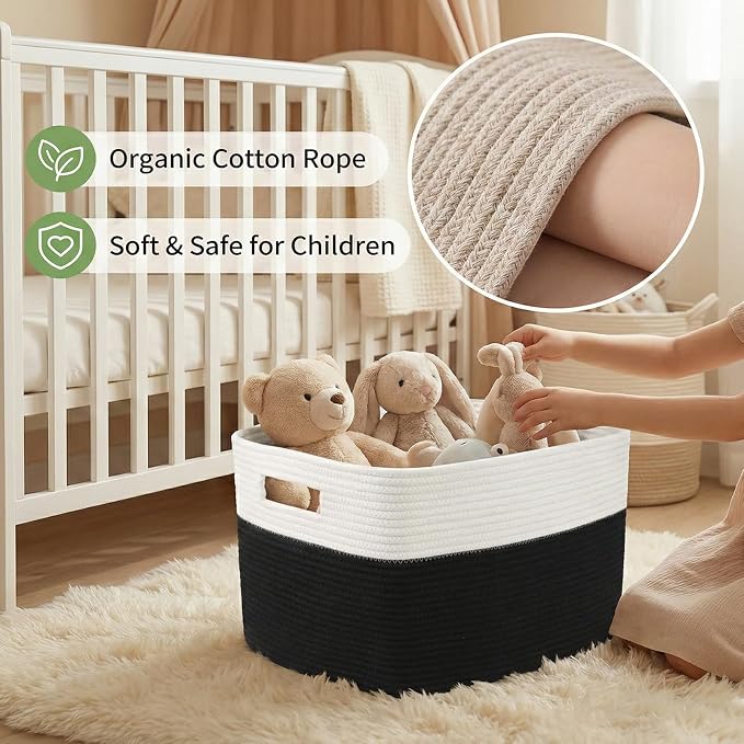 JMvicyroam 96L Large Woven Cotton Rope Blanket Basket, White&Black | Blanket storage for living room or bedroom use, Freestanding with reinforced handles, Entire basket is machine washable