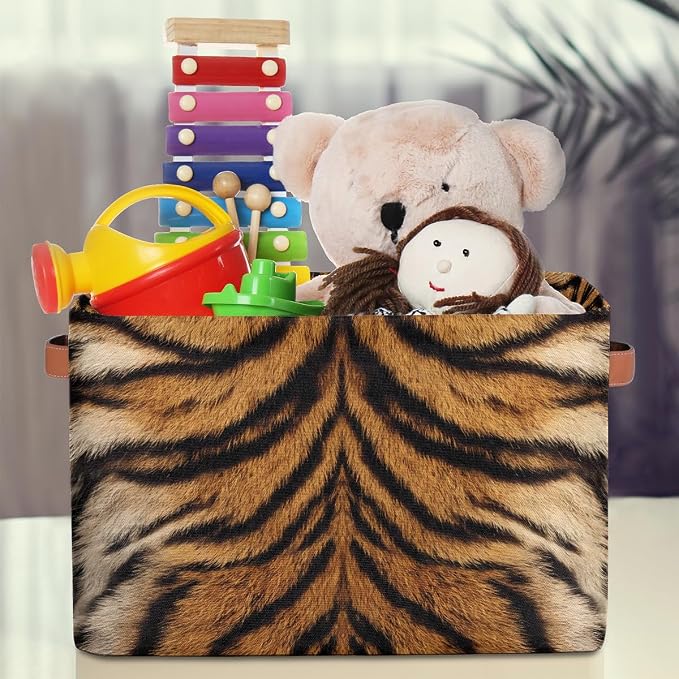 AUUXVA SEULIFE Animal Tiger Leopard Print Foldable Storage Basket, Large Collapsible Organizer Storage Bin Cube Toys Storage Boxes with Handles for Bathroom Kids Nursery Closet Storage, 2 Pack