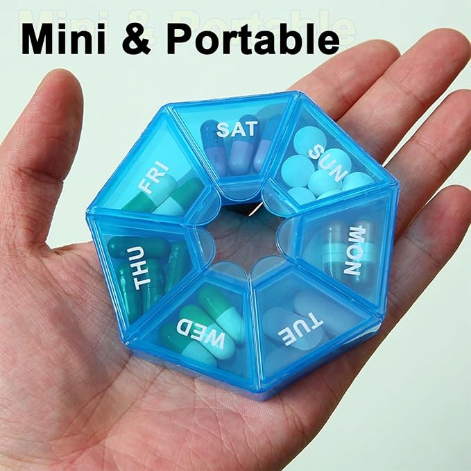 4 Pack Small Travel Pill Organizer, Small Portable Pill Dispenser | Weekly Medicine Box Storage Case, Vitamin Fish Oil Supplement Holder Reminder, Arthritis-Friendly, Yellow Blue Purple Orange