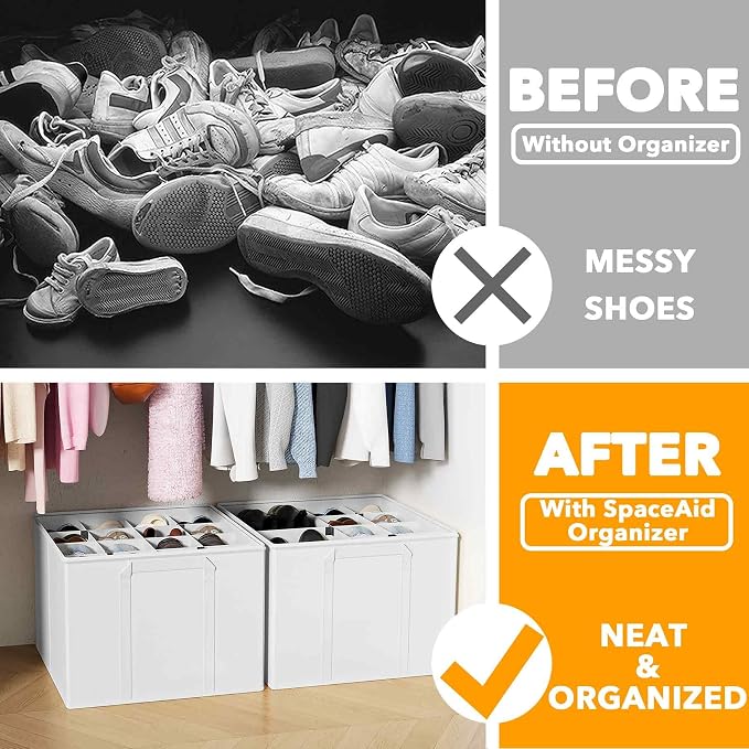 SpaceAid Shoe Organizer for Closet, 2 Pack Foldable Shoe Storage Containers Baskets Boxes Bins w/Adjustable Dividers, Fits 16-32 Pairs, White