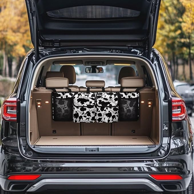 Cow Print Car Back Seat Organizer - Abrasion-Resistant Trunk Organizer, Multi-Functional Storage for Truck
