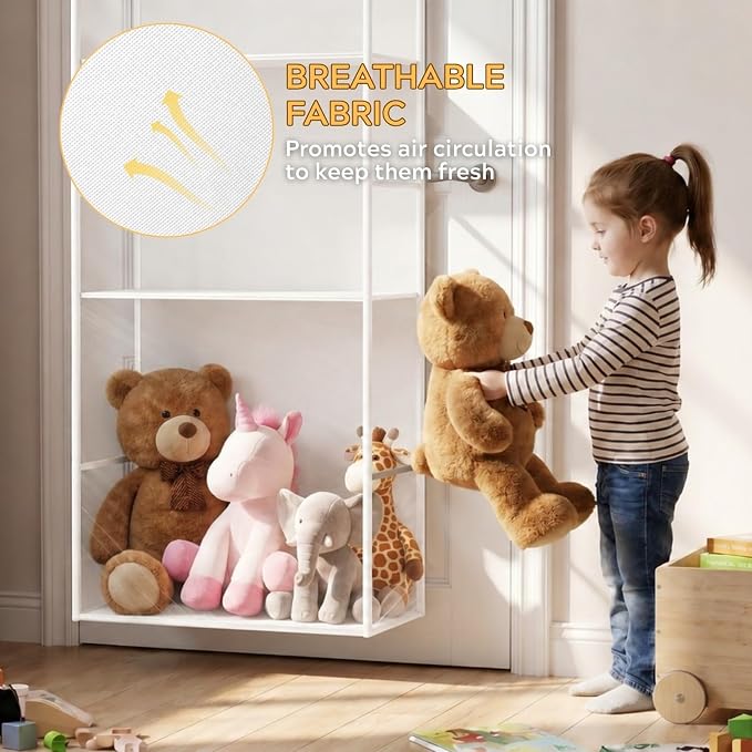 Over the Door Stuffed Animal Storage with Clear Dust Cover | 4 Tier Extra Large Hanging Toy Organizer for Plush Toys, Nursery Bedroom and Kids Room Storage