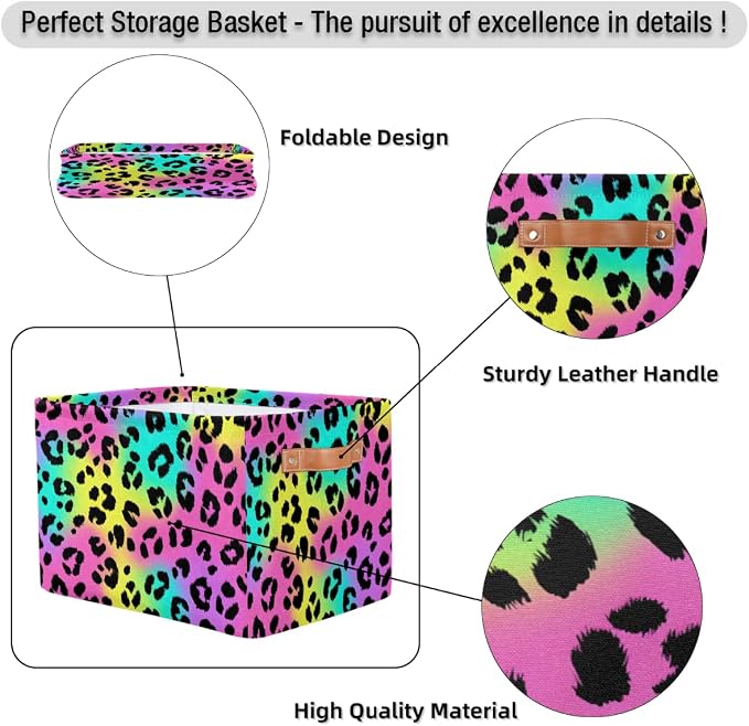 Leopard Basket Storage Bins Rectangle Canvas Basket Cube Storage Box | Nursery Foldable Basket with Handle for Kids Girls Boys Toys Living Room Closet Organizer Shelf Gifts Rainbow Neon