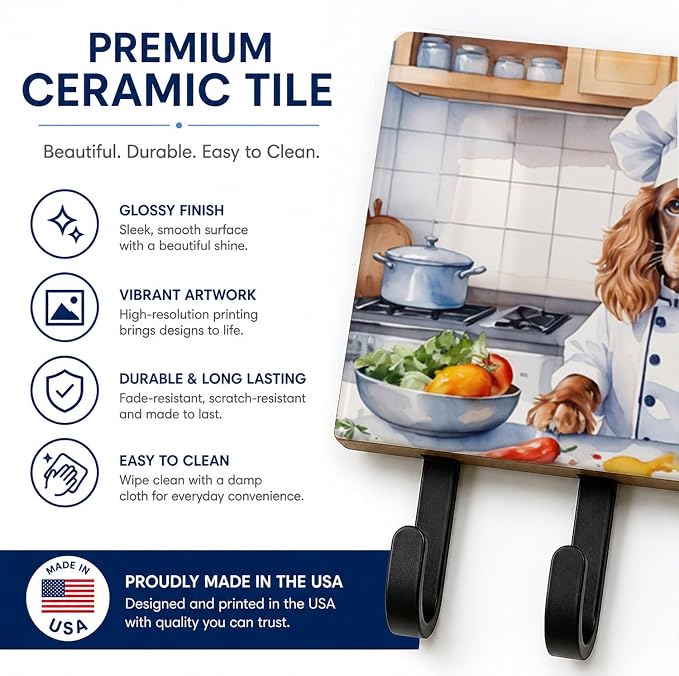 Caroline's Treasures English Cocker Spaniel The Chef Leash or Key Holder Wall Hooks, Key Hooks Holder, Coat Rack Wall Mount, Coat Hooks, Hooks for Hanging Keys, Towels, Aprons, Leashes | English Cocker Spaniel The Chef artwork on ceramic tile with thre...