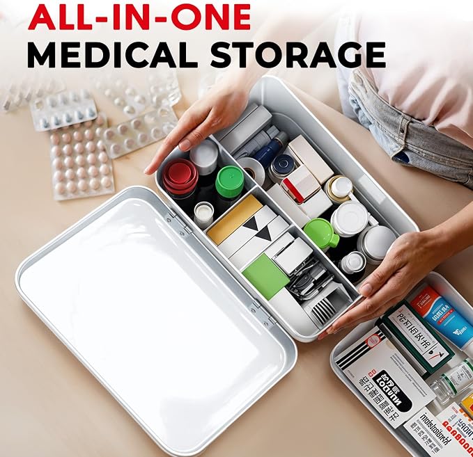 Plexon 8.5" Metal First Aid Box Empty, Medicine Storage Bin with Lid, Emergency Supplies Organizer, Portable First Aid Kit Case, White