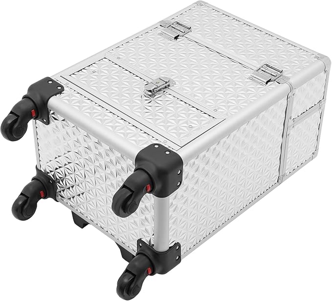 3 in 1 Makeup Rolling Train Case, Cosmetic Travel Trolley Storage Sliding Drawer 4 Tray Hairstylist Organizer Box with 3 Keys Salon Barber Case Traveling Cart Trunk for Hairstylists Nail Tech (Silver)