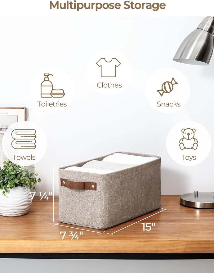 StorageWorks Narrow Storage Bins, Long Baskets, Brown and Beige, 2-Pack | With Metal Frame, Sturdy Structure, PU Handles, Toilet Paper Storage, Small Storage Bins, For Bathroom, Closet, Shelf