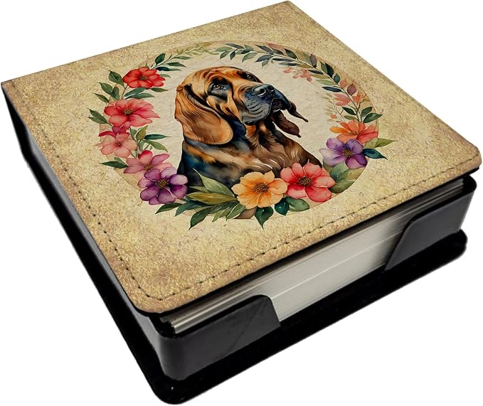 Caroline's Treasures Bloodhound and Flowers PU Leather Note Paper Holder with Artist-Designed Cover, Desk Accessory, Office Gift