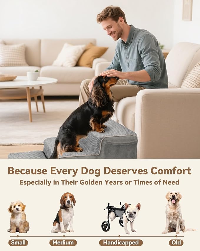 Dog Ramp Ottoman, 2-in-1 Dog Stairs for Couch and Low Bed, Foldable Solid Wood Pet Steps for Small, Medium, Senior Dogs & Old Cats - Couch Height, Washable Cover, Storage Pocket, 135lb Capacity