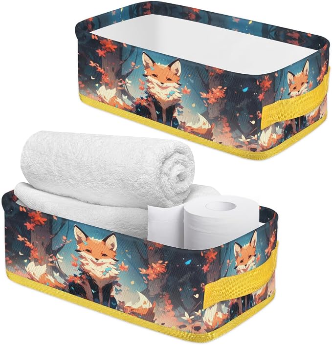 Colorful Fox Flower Tree Bathroom Storage Basket, Foldable with Handle Open Countertop Paper Towel Decorative Box, Toilet Tank Top Shelf Baskets for Home Closet Bedroom Living Room Office