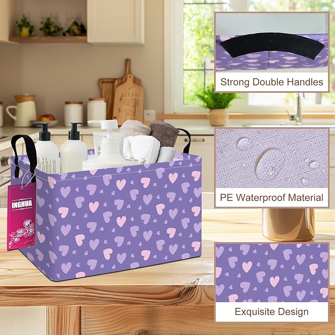 Rectangular Purple hearts Storage Basket | Gifts Bag for Toys,Books,Clothes,Gifts,Pets-Perfect for Home,Office,Nursery,Dorm,Shelf