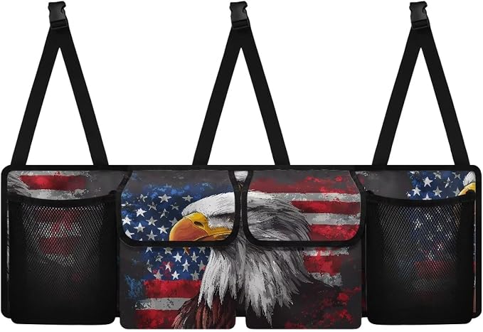 Dreaweet American Flag Bald Eagle Trunk Organizer for Car with Pockets Collapsible Trunk Organizer for SUV Trucks Sedan Van Patriotic Car Accessories Interior Back Seat Hanging Storage Organizers