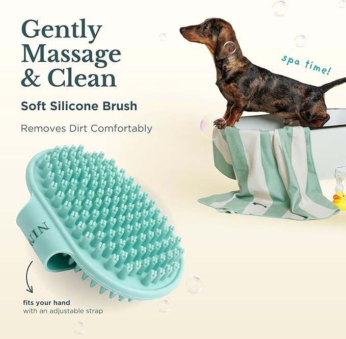 Nina Woof Bath Kit for Dogs & Puppies – Grooming Set with Recycled Polyester Towel, Silicone Brush & Lick Mat – Stylish At-Home Dog Bath Kit, Perfect Dog Gift