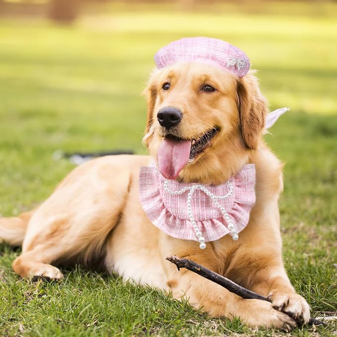 HOWWFALY 2PCS Cat Beret Hat with Pearl Bowtie, Adjustable Bandana Scarf Set Pet Princess Costume for Halloween Christmas, Cat Dog Birthday Party Apparel (Pink Pearl)