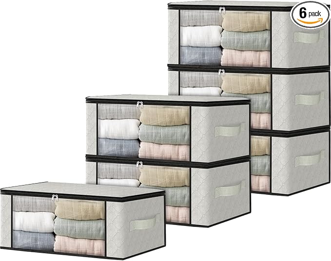 HomeHacks 6-Pack Clothes Organizer Storage Bags, 35L Storage Bins, White | Foldable Storage Box Container with Zippers, Clear Window, Reinforced Handles for Closet, Dorm, Pillows, Bedding, Sweater