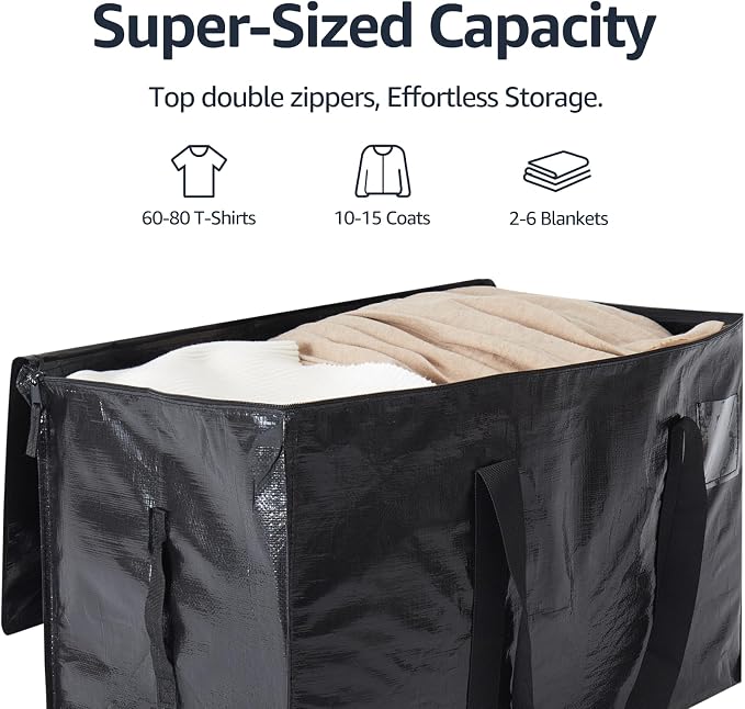 Moving Bags Heavy Duty Extra Large, Moving Boxes, Moving Supplies Essentials, Blue Storage Bins with Lids, Plastic Packing Totes, Storage Bags for Clothes with Handles & Zippers(Black, 6 Pack)