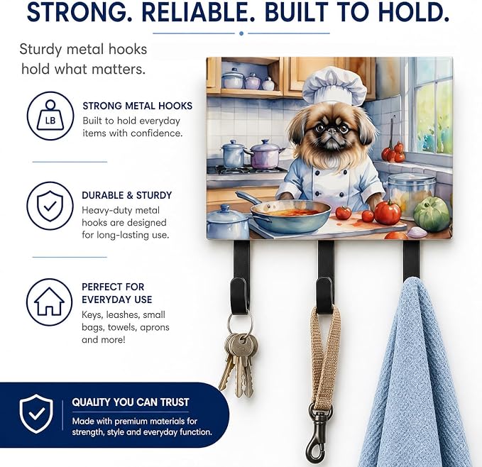 Caroline's Treasures Pekingese The Chef Leash or Key Holder Wall Hooks, Key Hooks Holder, Coat Rack Wall Mount, Coat Hooks, Hooks for Hanging Keys, Towels, Aprons, Leashes | Pekingese The Chef artwork on ceramic tile with three steel hooks for keys, le...