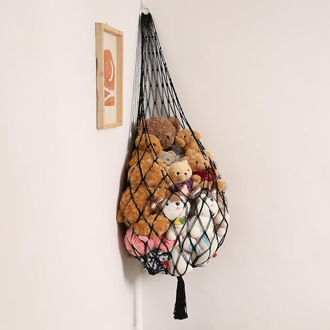 Amdermi Stuffed Animal Hammock Corner Hanging Net for Stuffy Animal Storage Macrame Toy Display Plushie Toy Holder-Perfect for The Tiny Space Walls, Kid Bedroom Decor Playroom Organizer (Black)