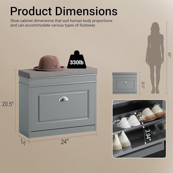 Haotian Grey Hallway Shoe Bench, Narrow Shoe Rack with Adjustable Shelf, Small Shoe Cabinet with 1 Flip-Drawer and Seat Cushion, FSR82-K-HG