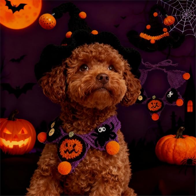 Halloween Dog Costume - Black Witch Hat & Halloween Outfit for Rabbits,Cats and Small Sized Dogs,Handmade Festive Halloween Pet Apparel with Pumpkin Design,Perfect for Dog & Cats