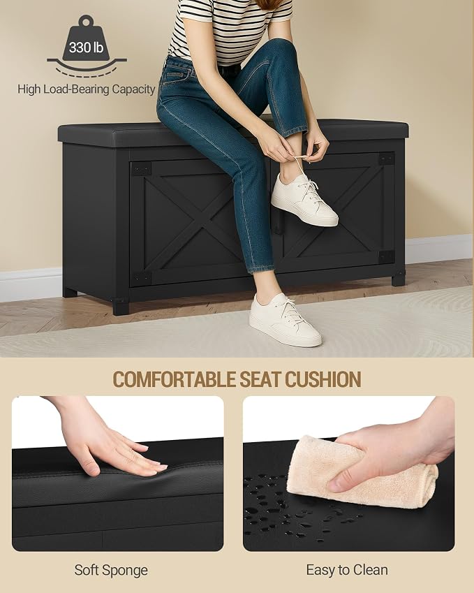 Hzuaneri 39.4" Shoe Storage Bench, with Soft Padded Seat Cushion & Doors | 2 Tier Entryway Storage Bench with Adjustable Shelf, Farmhouse Shoe Cabinet for Living room, Bedroom, Black SB26606BK