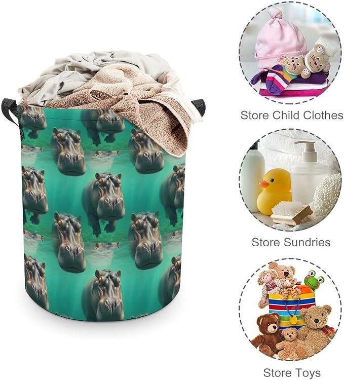 Collapsible Laundry Hamper with Handles Diving Hippo, Large Waterproof Clothes Basket for Bedroom, Bathroom, and Toy Storage Organization