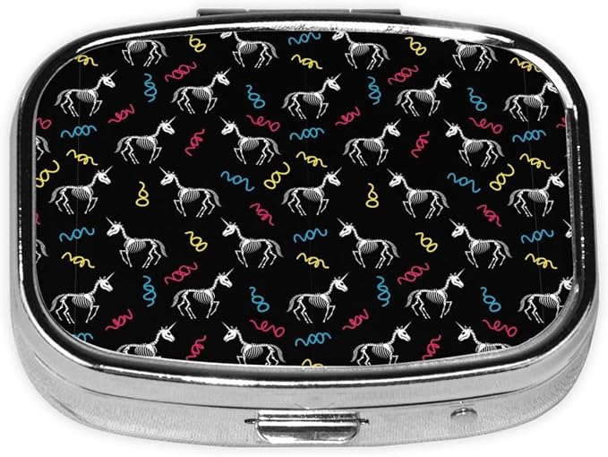 Metal Pill Box AM/PM Compartments Small Medicine Organizer Supplements Case Travel Essential, Happy Halloween Unicorn Skull Skeletons
