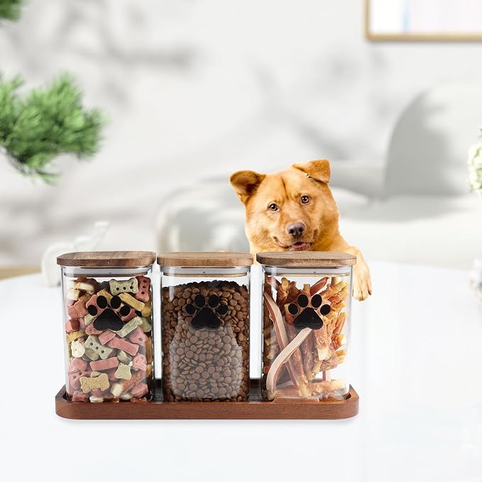 37oz Glass Dog Treat Jars Set of 3,Clear Dog Treat Container with Wooden Lids,Airtight Cat Treat Jar,Small Pet Treat Canister,Puppy Food Bin-Keep Fresh Crispy-Brown