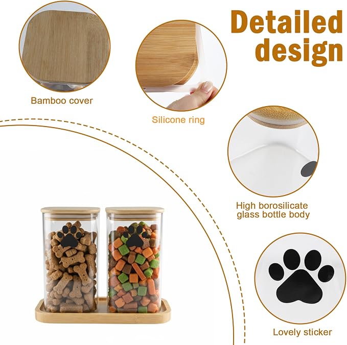 37oz Dog Treat Container Set of 2, Glass Dog Treat Jars for Kitchen Counter with Airtight Bamboo Lids, Small Pet Treat Canister,Puppy Food Bin for Kitchen Counter,Freshness Seal-Clear