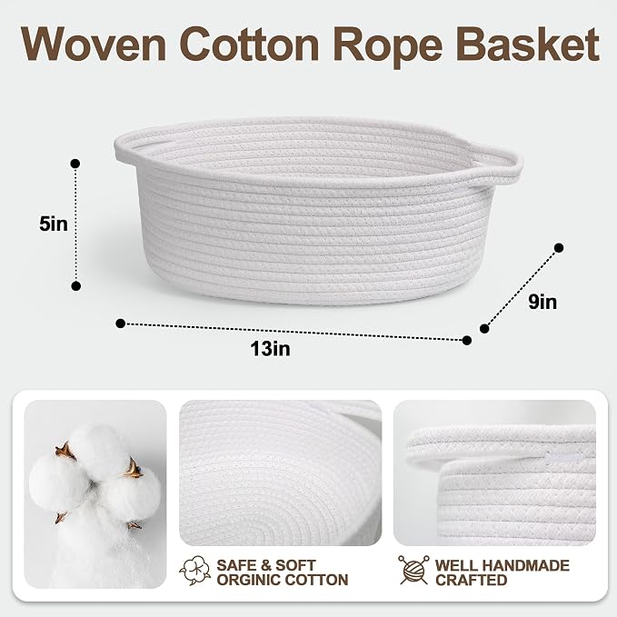 Basket for Gifts Empty, 13"x 9"x 5" Small Woven Rope Bin, Gift Basket Empty for Birthday Easter Burr, Dog Cat Toy Bin Box, Cute Baby Nursery Organizer, Decorative Storage with Handles, White