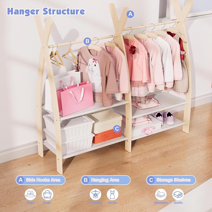 HedoAjim Kids Clothing Rack Dress Up Storage Closet for Girls Baby Garment Wardrobe Toddler Costume Closet with Double Hanging Rod Wood 2 Tier Bottom Storage Shelves (Double Tires)