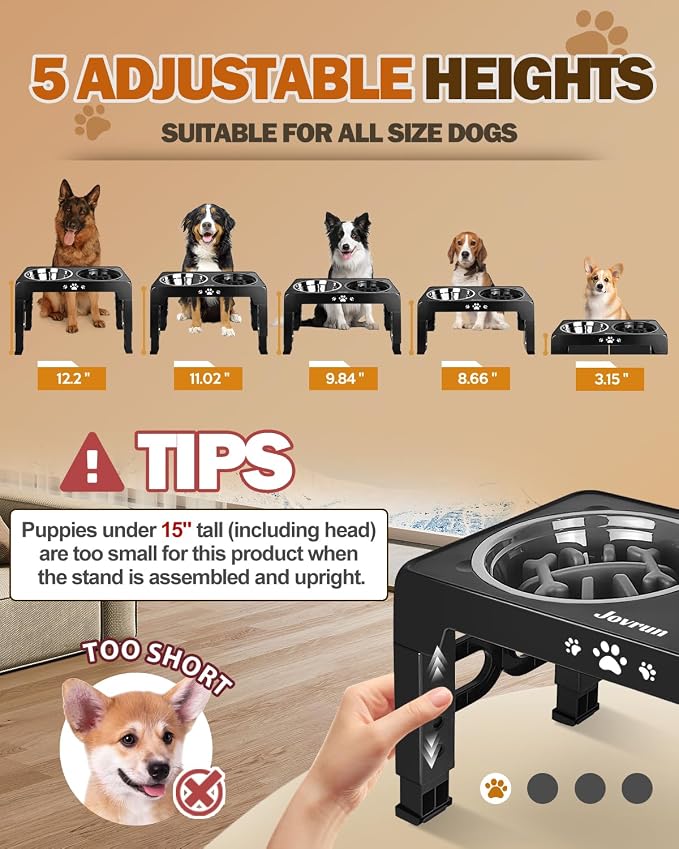 Jovrun Elevated Dog Bowls for Medium Large Size Dogs, Non-Slip Dog Feeder with 1*Stainless Steel Dishes & 1*Slow Feeder Bowl, 5 Heights Adjustable Raised Bowls to 3.15″-8.66″-9.84″-11.02″-12.2″