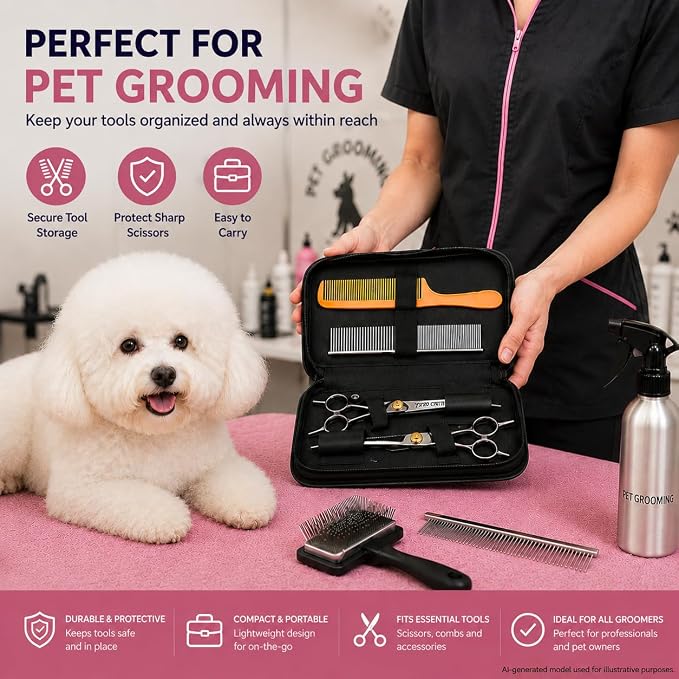 Pet Grooming Scissors Case, Dog Grooming Tool Organizer with Elastic Straps, Portable Storage Holder for Grooming Shears, Combs & Accessories, Case Only (V-010-SC-Pink)