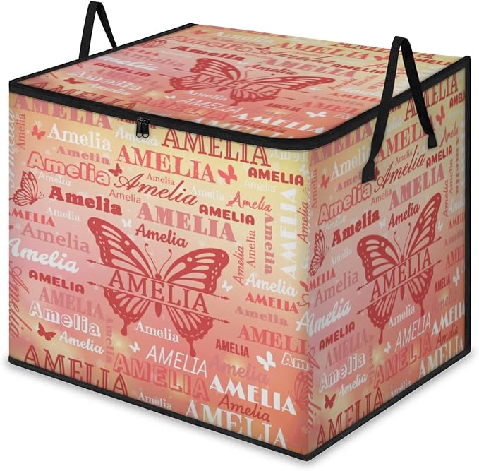 Personalized Name Foldable Storage Basket Cubes with Lid, Clothes Pet Toys Storage Bin with Handles for Shelf Home Closet Kitchen, Gradient Coral Red Yellow with Butterflies