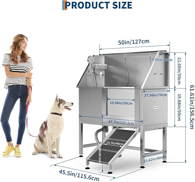 Garvee 50in Stainless Steel Dog Washing Station with Ramp Pet Grooming Tub | 330lb weight capacity, triple splash baffles, removable drain grate, adjustable platform