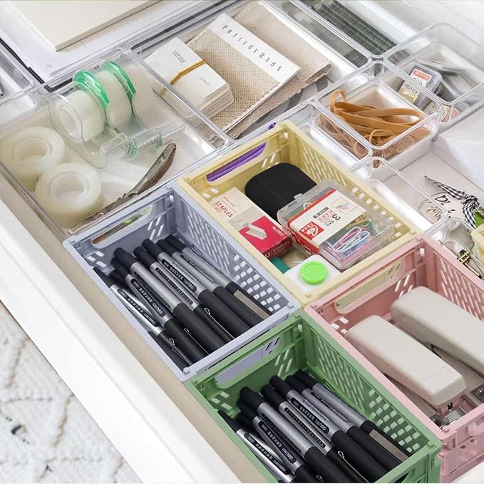 4 Pack Pastel Crates for Storage, Plastic Folding Basket, Colorful Small Storage Containers for Bedroom Office Classroom Bathroom Desktop Drawer Organizer Decor (9.8x6.5x3.8inch)