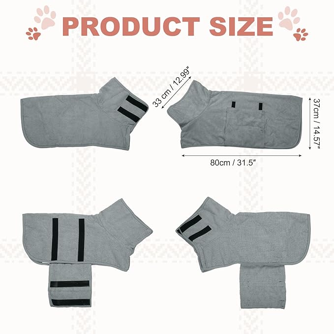 Dog Drying Coat, Dog Robes for After Bath Bathrobe Super Absorbent Towel Soft Adjustable, (L, Gray), Intended for Fast Drying Warm Keeping Pet Cats Kitten Puppies
