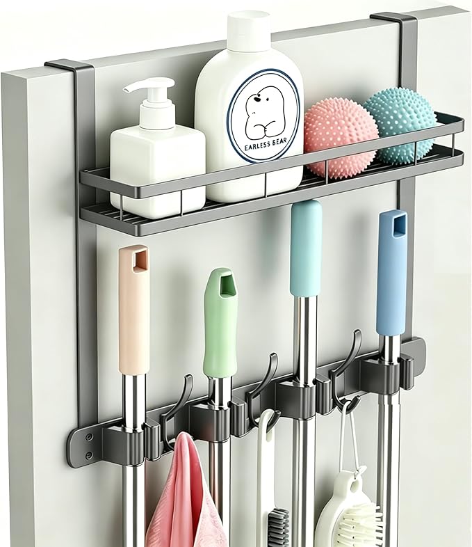 Over the Door Heavy Duty Metal Broom & Mop Holder, No-Drill Cleaning Supply Organizer with 4 Grips, 3 Hooks & 1 Storage Basket for Laundry Room & Garage