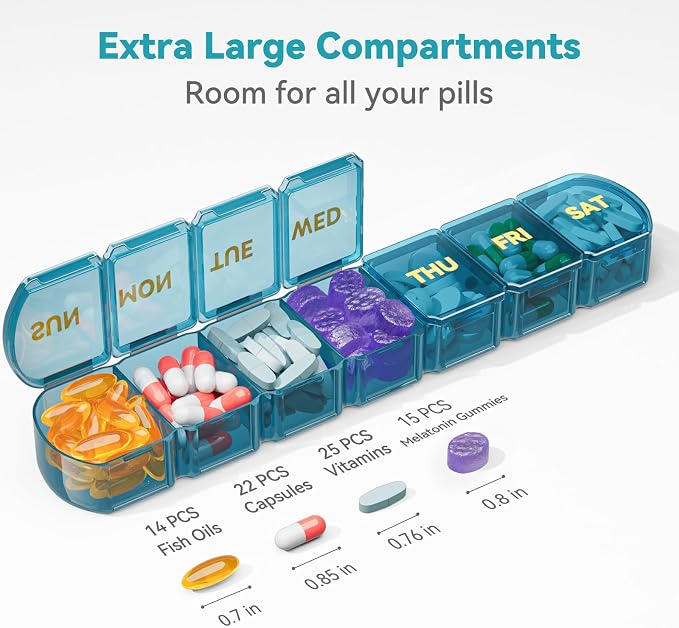 Large Pill Organizer Weekly - 7 Day Compartments with Easy-Open Design | SHIJOINYU XL Pill Box with High-Capacity, Daily Medicine Pill Organizer for Vitamins, Supplements, Fish Oils