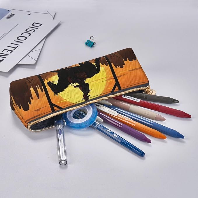 Leather Pen Case with Zipper - Aesthetic Pen Holder Cowboy Riding Ranch Desert Pencil Case for Women & Men - Handcrafted Pencil Bag Multi-Functional Travel Cosmetic Case for Work Office Tool Pouch