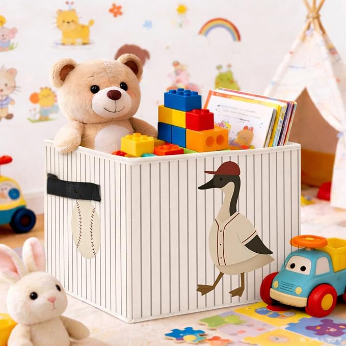 Baseball Goose Storage Bin, Foldable Fabric Basket for Kids Room | Foldable fabric storage bin with sports goose design for toys, books, clothes, nursery, bedroom, and playroom use.