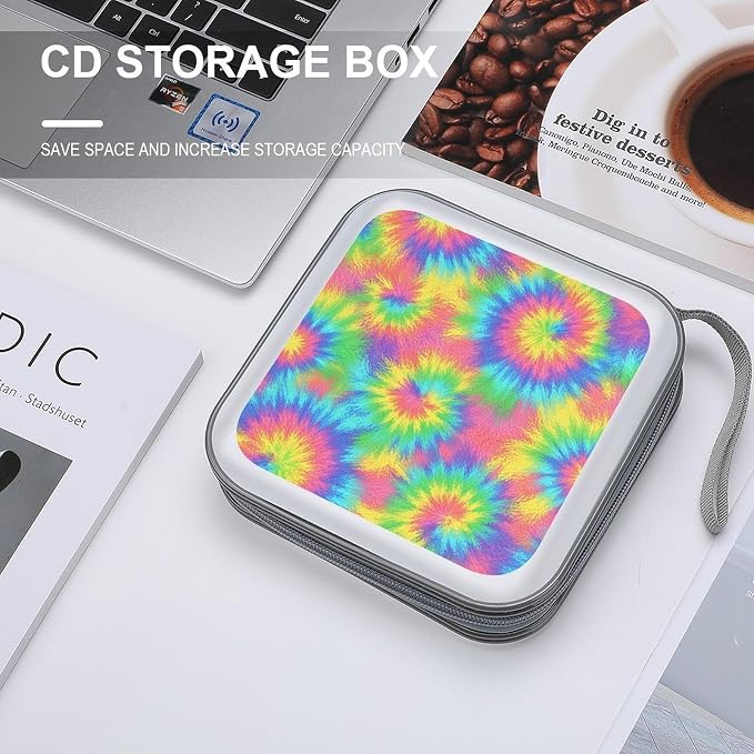 Hard Plastic 40-Disc Storage Binder Rainbow Tie Dye, Protective CD/DVD Wallet with Zipper, Portable Organizer for Movies Music