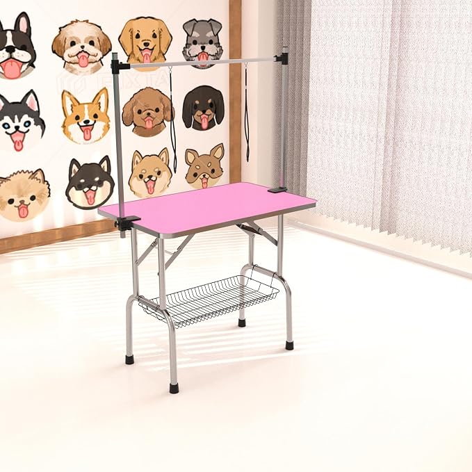 46" Pet Dog Grooming Table, Foldable Stainless Steel Frame Pet Drying Grooming Table Up to 330lbs, Professional Bathing Desk for Dogs at Home with Adjustable Overhead Arms, Noose, Mesh Tray, Pink