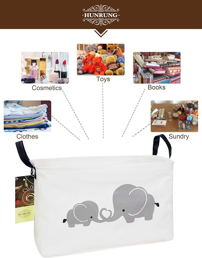 Rectangle Foldable Storage Basket Handles For Home, Love Elephant | Waterproof reinforced handles, perfect for shelf use, organizes clothes, daily items and pet supplies