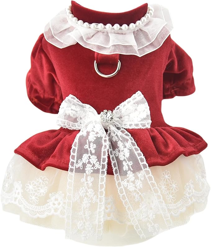 FLAdorepet Dog Christmas Costume Outfits,Red Velvet Small Dog Bowknot Pearl Dress Tutu Skirt, Winter Cat Clothes Pet Apparel(Red Bow, X-Large)