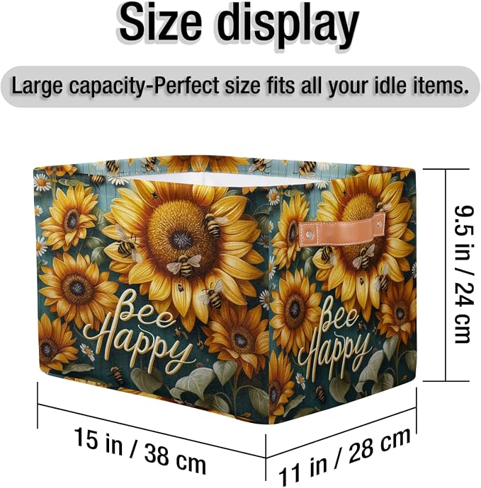 Bee Sunflowers Storage Baskets with Handles Fabric Storage Boxes Collapsible Nursery Basket for Shelf Book Cloth 15 X 11 X 9.5 IN Closet Organizer Bins