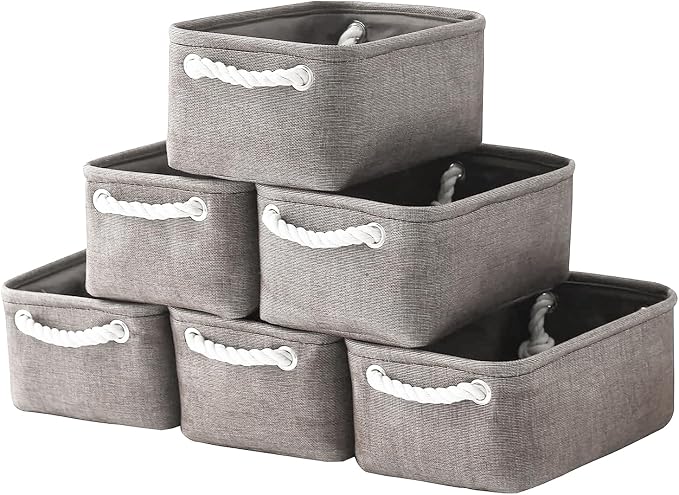 Foldable Small Storage Baskets with Strong Cotton Rope Handles [6-Pack] Gray Collapsible Storage Bins Set Works Room Storage, Nursery Baskets