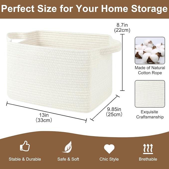 OIASKET Storage Basket for Organizing, Woven Baskets for Storage, Rectangle Decorative Baskets for Shleves, Closet, Toys, Books, Nursery Organizer Bins - Pack of 3 (White, 13"x9.85"x8.7")