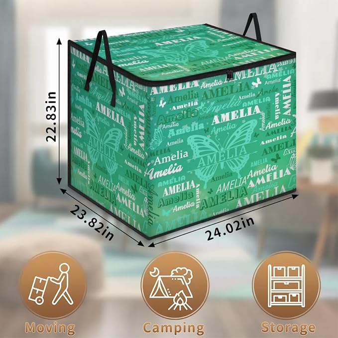 Custom Name Large Storage Bin with Lid, Personalized Storage Basket with Zippers for Organizing Comforters, Blankets, Bedding Closet Shelf Baskets, Watercolor Green Butterflies