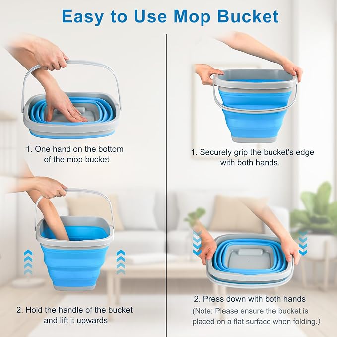 2.6 Gallon Collapsible Mop Bucket with Handle for Household Cleaning, Portable Silicone Ice Bucket for Outdoor Camping Fishing Car Washing, Square Plastic Wash Basin Tub for Bathroom Cleaning Supplies